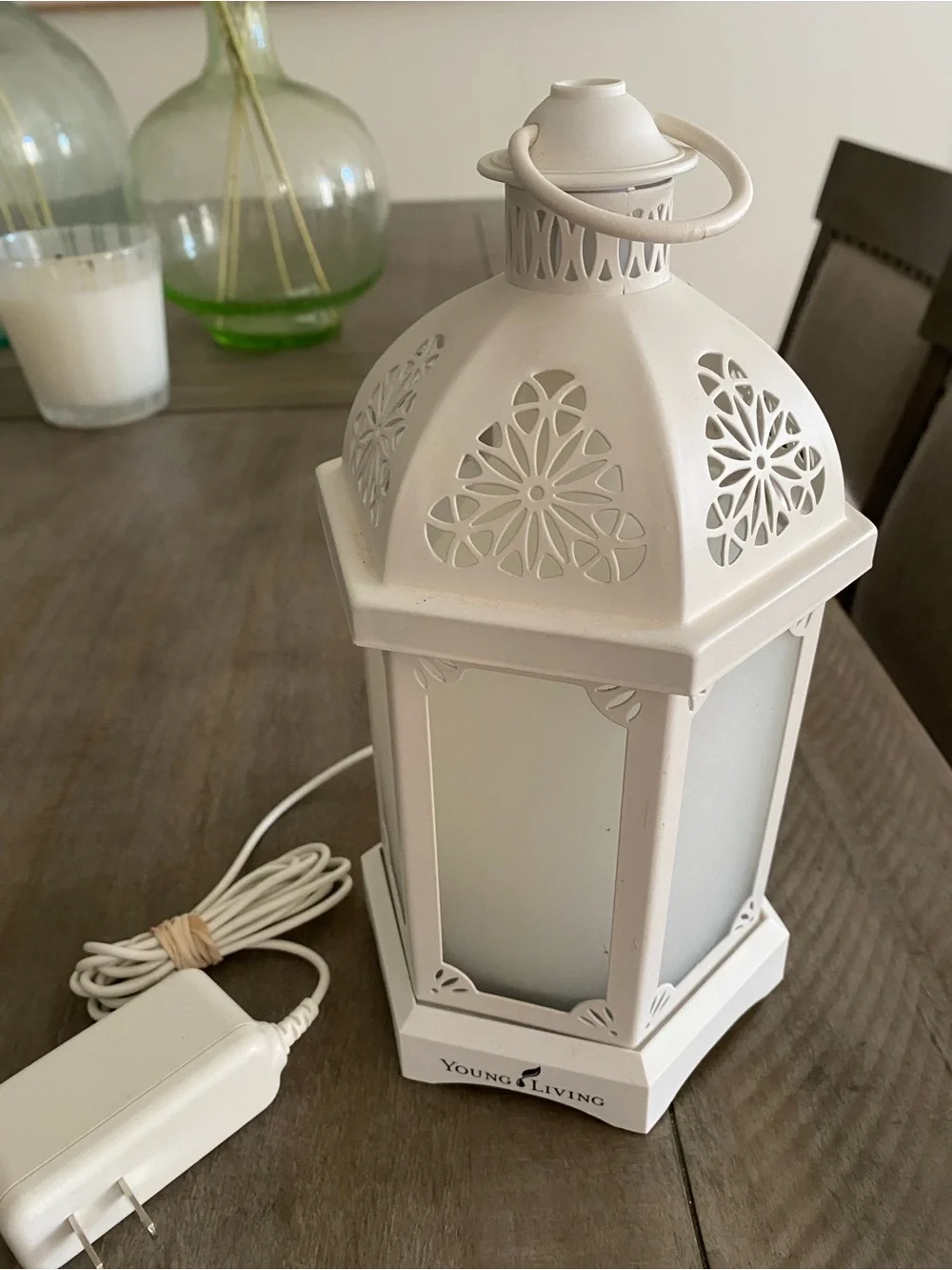 Young Living White Decorative Filigree Electric Lantern diffuser. Essential oils